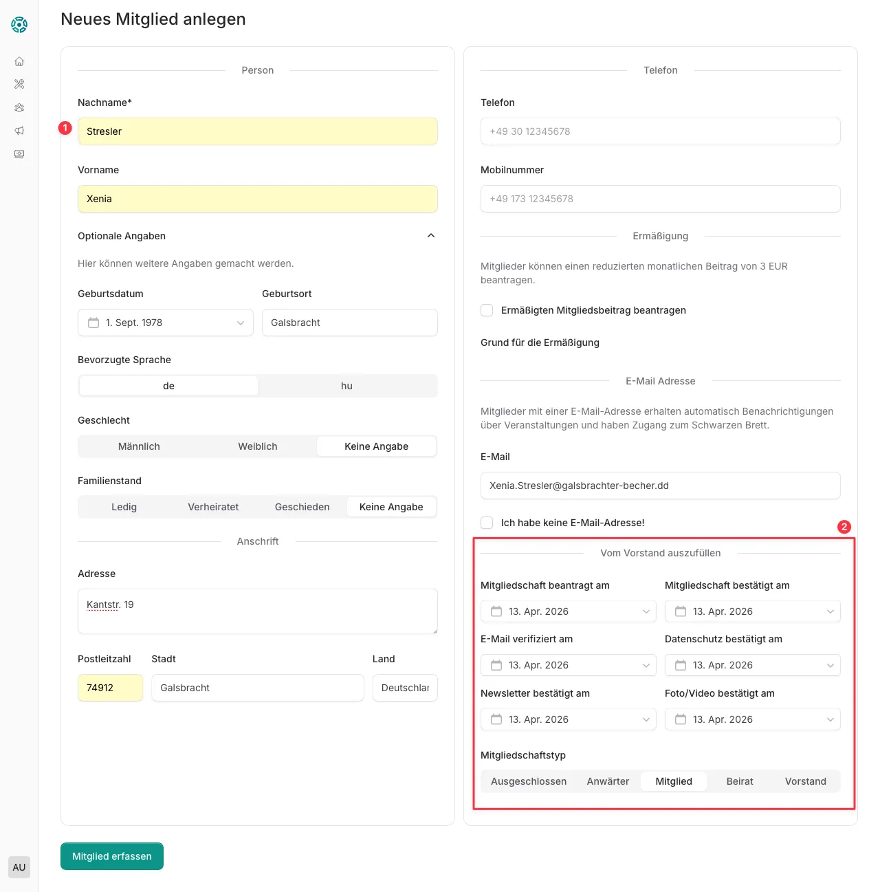 Formular neues Mitglied anlegen