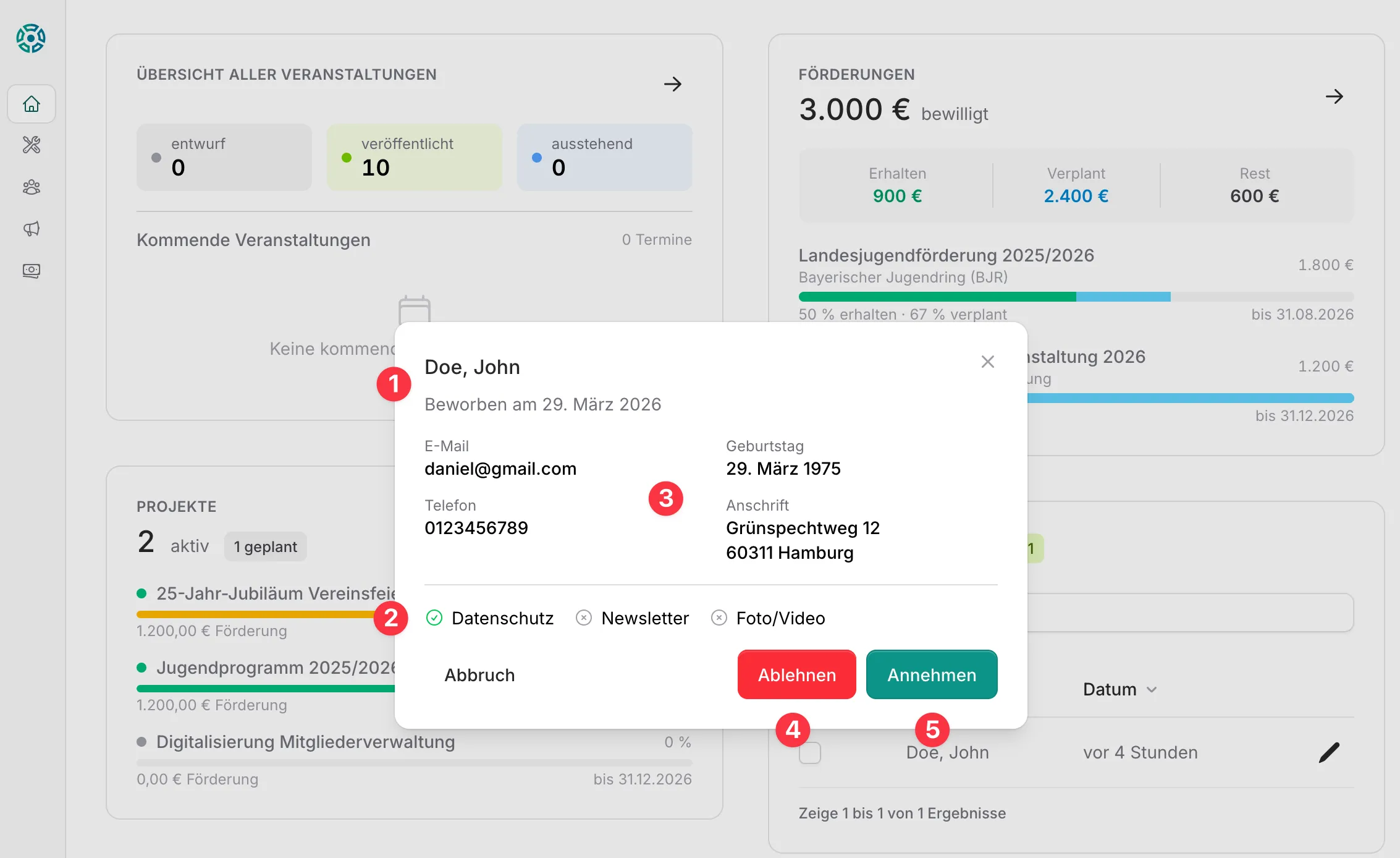 Detailansicht der Bewerbung