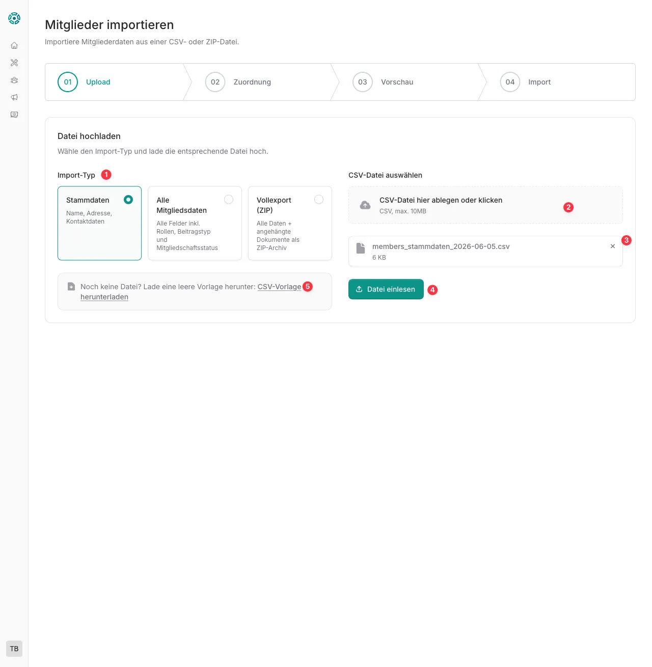 Import-Assistent – Typenauswahl