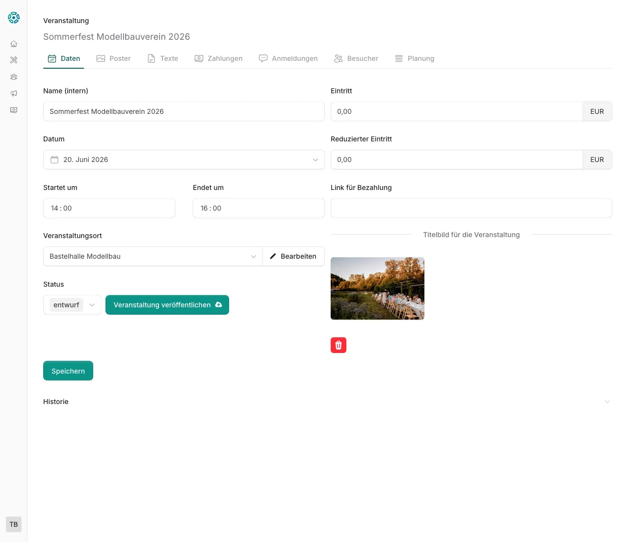 Tab Daten mit den wesentlichen Angaben zur Veranstaltung