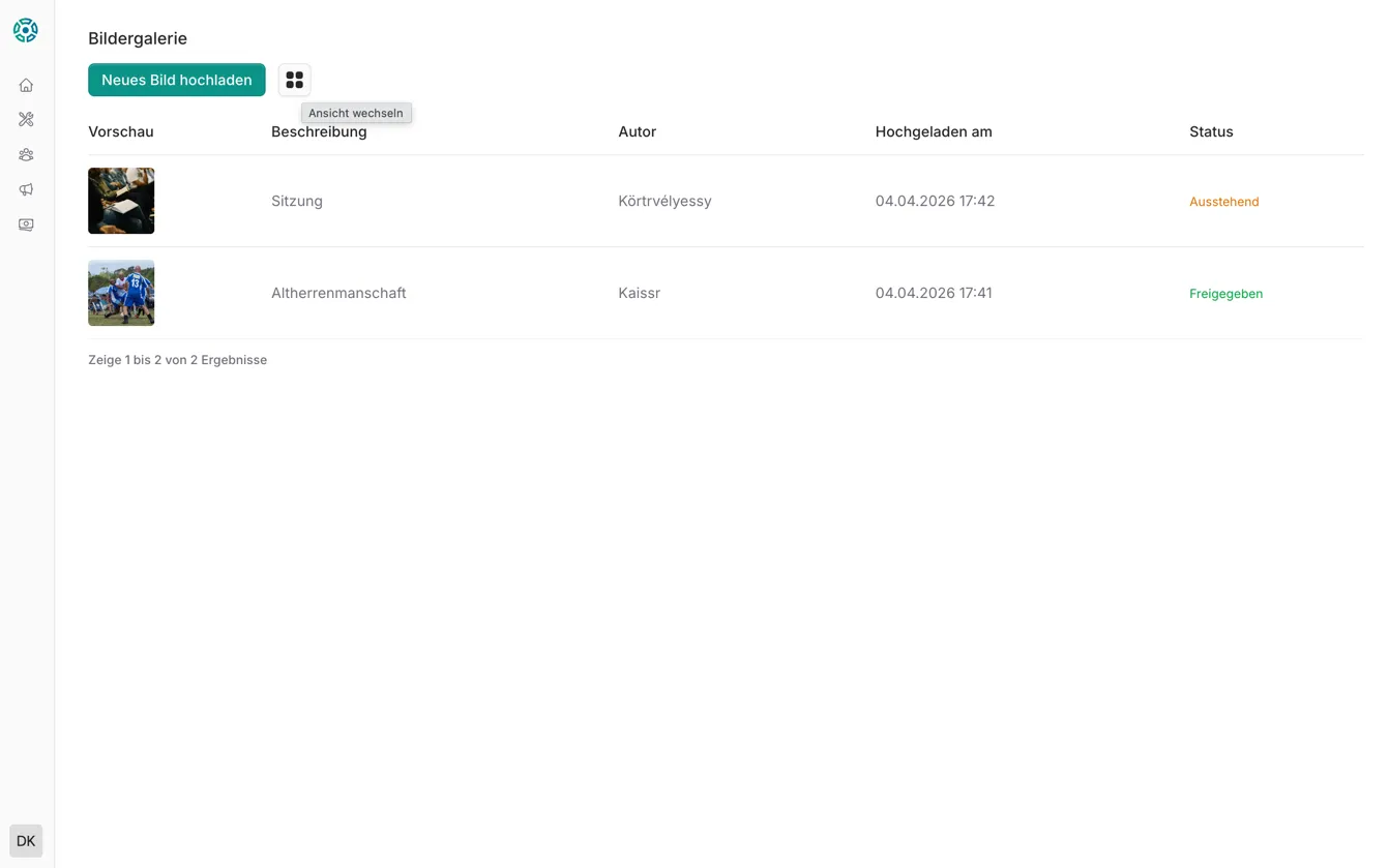 Tabellarische Listenansicht der zur Verfügung stehenden Bildern