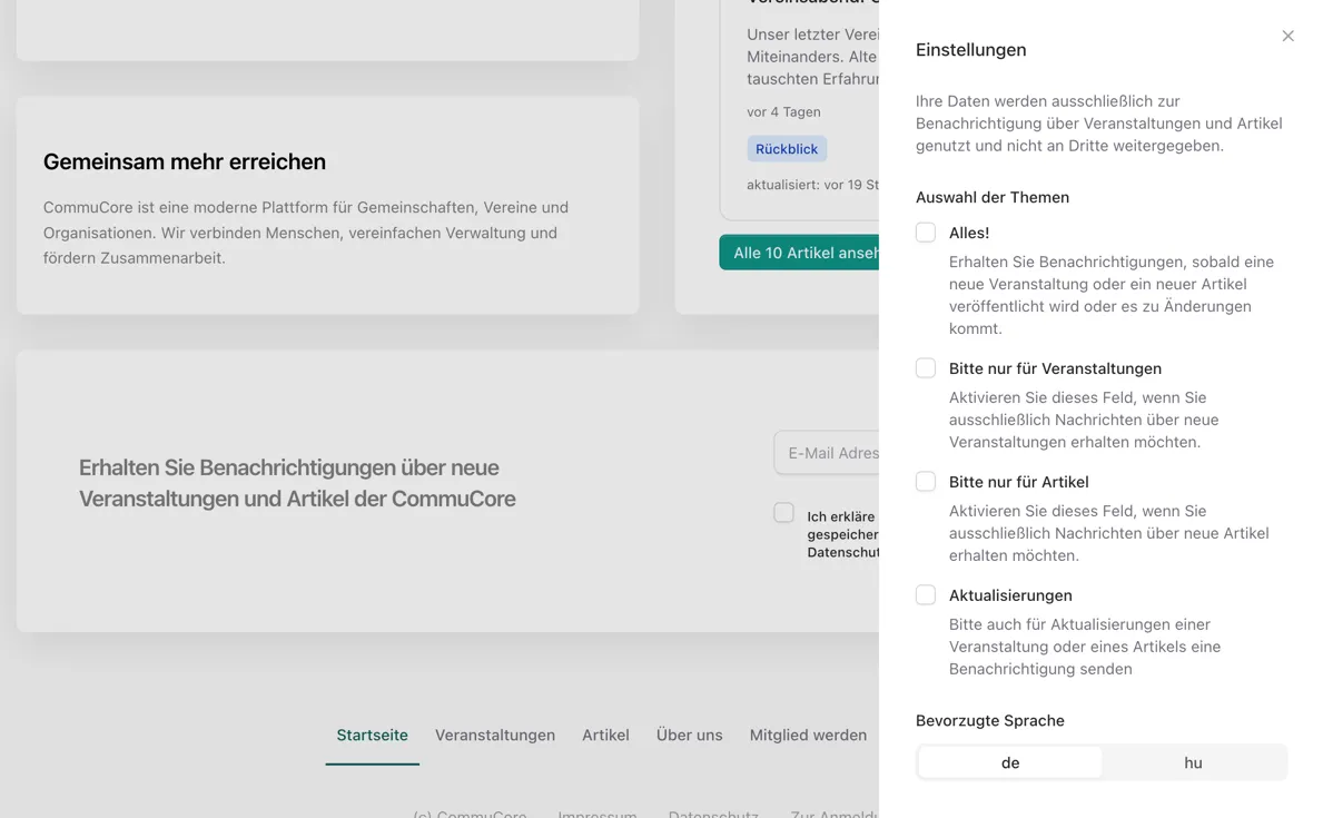Optionen zur Auswahl der zu erhaltenden Benachrichtigungen